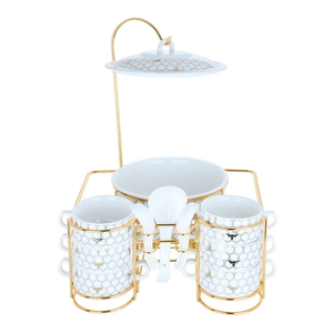 Al Saif Gallery Soup Heater Set With Porcelain Stand, 15 Pieces - Golden White product image