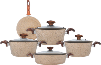 طقم قدور جرانيت فالز، 9 قطع، يد خشبي، بغطاء زجاج - بني فاتح product image 2