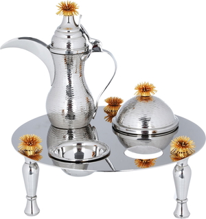 Steel Al Saif Gallery hospitality set, (dallah + dates + noah plate), base with legs, 4 pieces - silver product image