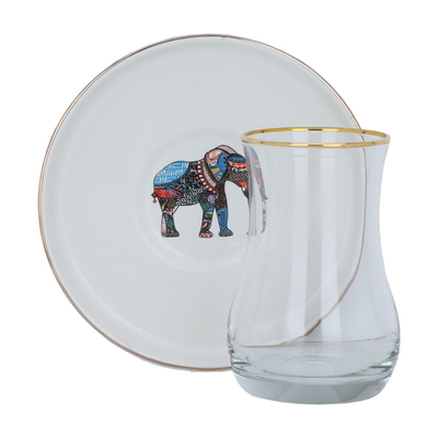 Al Saif Gallery glass tea canteens set with porcelain saucer, 12 pieces, elephant pattern - transparent and white product image 1