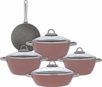 Estel Falz ribbed granite cookware set with glass lid, 9 pieces, 18 / 22 / 26 / 26 / (26) cm, Turkish - Pink product image 1