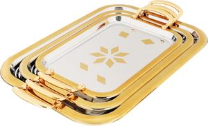 Alsaif Plus Steel Serving Treys Set with gold edges, 3 pieces, rectangular - silver product image