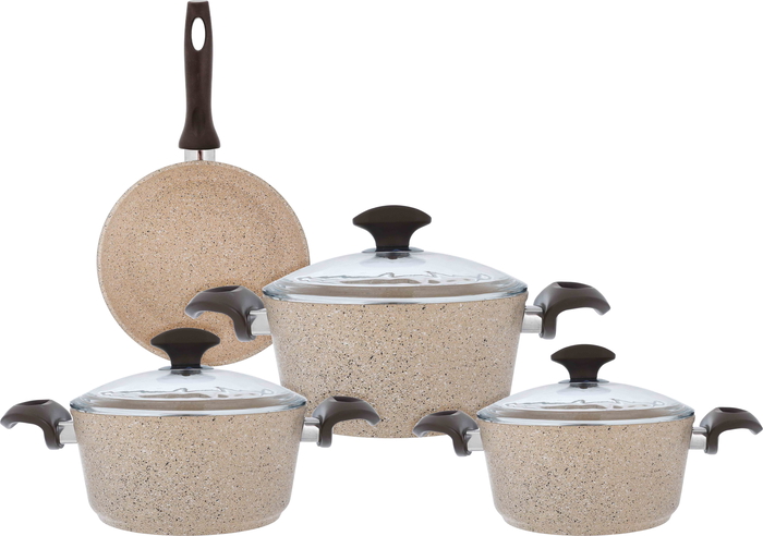 Falz granite cookware set with glass lid, 7 pieces, Turkish - light brown product image 2