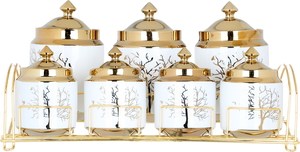 Al Saif Gallery porcelain spice box set, wooded, with golden stand, 8 pieces - white product image