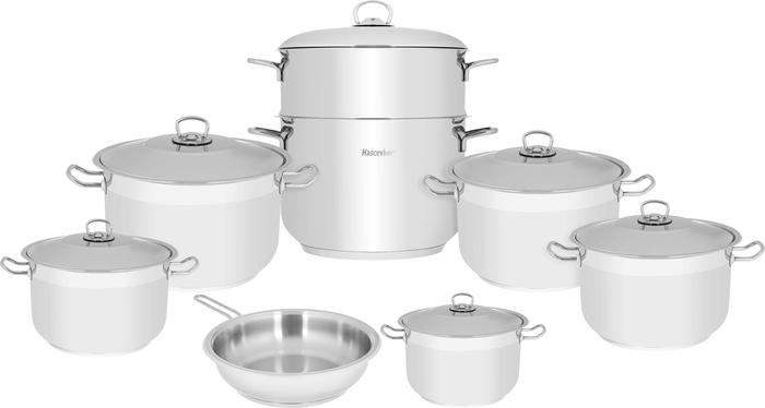 HASCEVHER Steel Cookware Set, 14 Pieces, 16 / 18 / 22 / 26 / 28 / (26) / 32 cm, Turkish - Silver product image 1