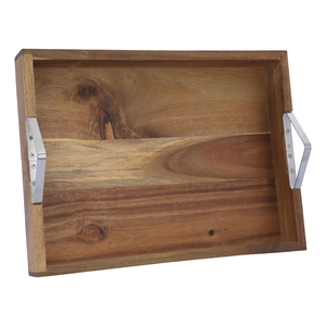 Wooden serving tray with stainless steel handle, Al Saif Gallery, 43 x 32 x 5.5 cm, large, rectangular - brown product image