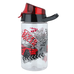 Al Saif Gallery plastic bottle, 520 ml, racing car drawing, red lid - transparent product image