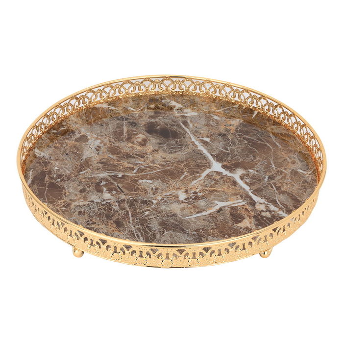 Al Saif Gallery steel serving tray with gold edges, 35 x 35 x 6 cm, round, marble - brown product image 2