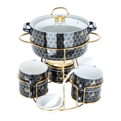 Al Saif Gallery Soup Heater Set With Porcelain Stand, 16 Pieces - Black Gold product image 1