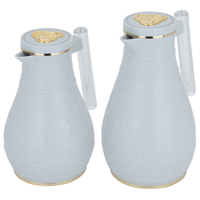 Al Saif Gallery Karam Plastic Thermos Set, 1 Liter - 0.65 Liter, Islamic Pattern, Acrylic Handle - Light Gray product image 2