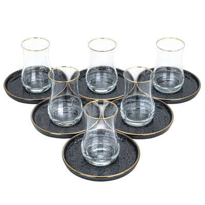 Al Saif Gallery glass tea canteen set, black saucer with golden font, 12 pieces - black product image 2