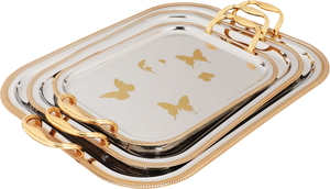 Alsaif Plus Steel Serving Treys Set with gold edges, 3 pieces, rectangle, butterfly pattern - silver product image