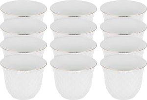 A set of white porcelain Arabic coffee cups, carved with roses and golden script, 12 pieces product image