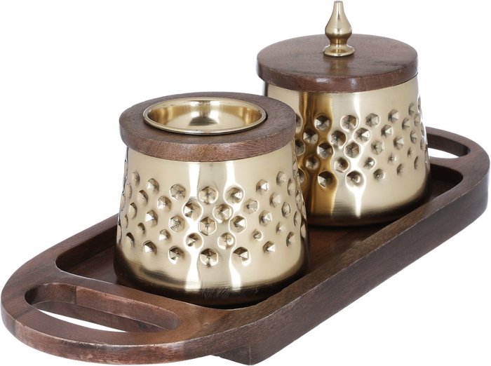 Al Saif Gallery Steel incense burner and incense box set, with a wooden base and two handles, 3 pieces - Gold product image 5