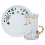 Al Saif Gallery glass tea set, porcelain plate with green and gold pattern, 12 pieces - white product image 1