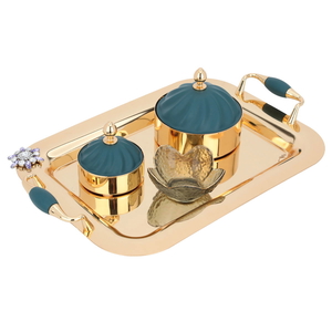 Al Saif Gallery Steel Toferia Set, 41x26x2.8 cm, 2 dates with blue lid, glass bowl, 4 pieces - gold product image