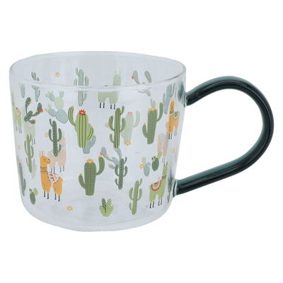 Al Saif Gallery glass cup, 350 ml, cactus pattern, handle - green product image 1