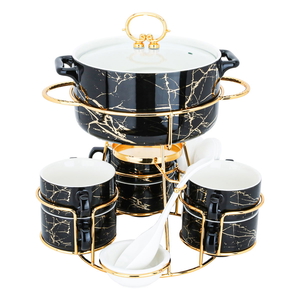 Al Saif Gallery Soup Heater Set With Porcelain Stand, 16 Pieces - Black Gold product image