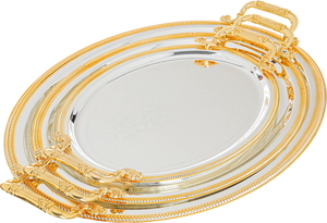 Al Saif Gallery steel tray set with gold edges, 3 pieces, oval - silver product image