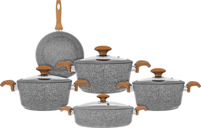طقم قدور جرانيت فالز، 9 قطع، يد خشبي، بغطاء زجاج - رمادي فاتح product image 1
