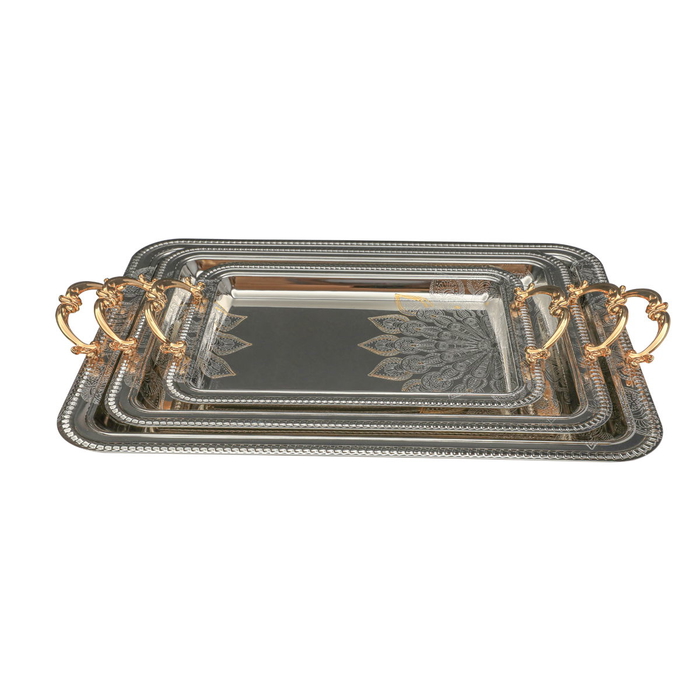 Al Saif Gallery steel topper set, 51x38x2.7 / 44x32x2.7 / 35x25x2.7 cm, gold handle, 3 pieces - silver product image 2