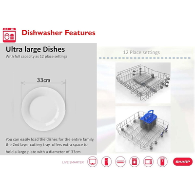 Sharp dishwasher, 12 place settings, 6 programs, QW-MB612K-WH3 - White product image 4