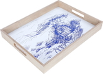 Saif Gallery wood serving tofir, 42 cm, rectangular, blue house pattern, hand - white product image 2