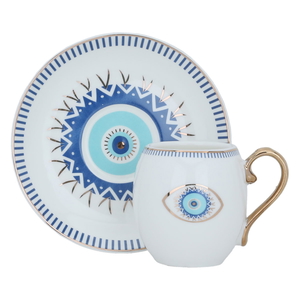 Al Saif Gallery Porcelain Coffee Cups and Saucers Set, 12 Pieces, 90 ml, Blue Eye Pattern - White product image