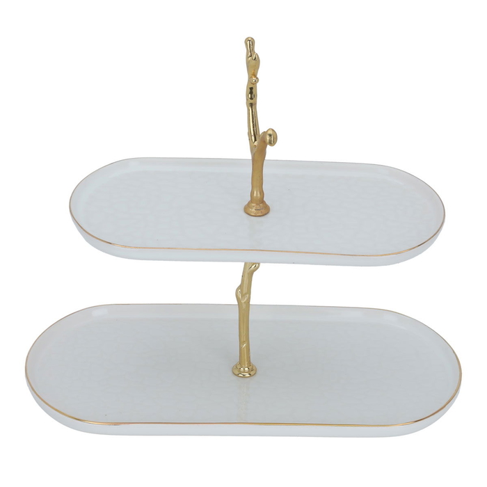 Al Saif Gallery porcelain dessert serving stand, oval, golden stand, 2 levels - white product image 1