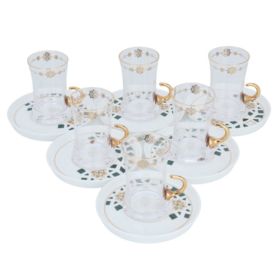 Al Saif Gallery glass tea set, porcelain plate with green and gold pattern, 12 pieces - white product image 2