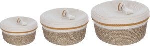 Al Saif Gallery Wicker Baskets Set, 27x27x16 / 22x22x13 / 19x19x10 cm, deep circular, with white cover, 3 pieces - beige product image