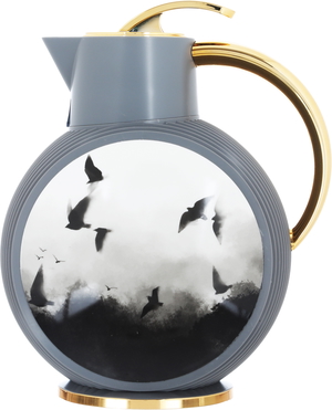 Al Jawhara plastic thermos from Al Saif Gallery, 0.9 liters, bird pattern, golden handle - dark gray product image