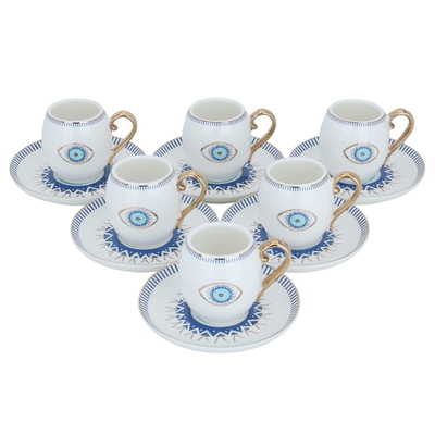 Al Saif Gallery Porcelain Coffee Cups and Saucers Set, 12 Pieces, 90 ml, Blue Eye Pattern - White product image 2