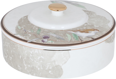 Al Saif Gallery Taghreed porcelain serving tray, 18 x 18 x 7.6 cm, circular with lid, medium, bird pattern - white product image 1