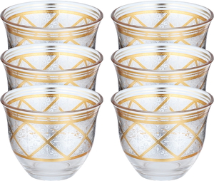 Al Saif Gallery Max Arabic Coffee Cups Set, 90 ml, Gold and Silver Embossed, 6 Pieces - Clear product image