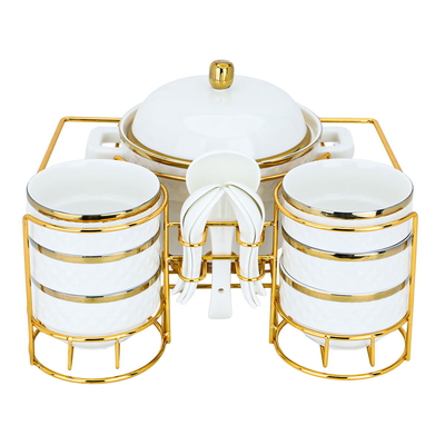 Al Saif Gallery Soup Heater Set With Porcelain Stand, 15 Pieces - Golden White product image 2