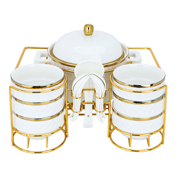 Al Saif Gallery Soup Heater Set With Porcelain Stand, 15 Pieces - Golden White product image 2