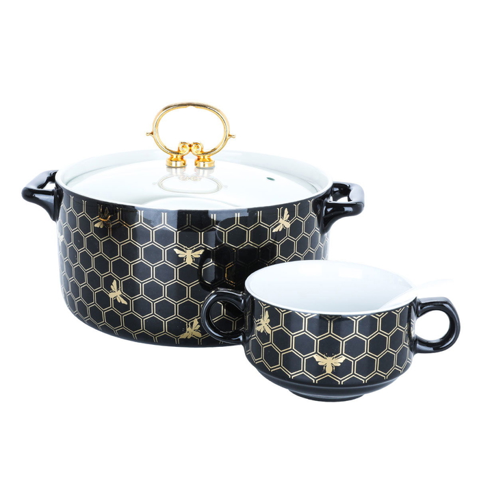 Al Saif Gallery Soup Heater Set With Porcelain Stand, 16 Pieces - Black Gold product image 3