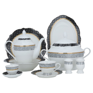 Al Saif Gallery porcelain dining set, round, golden embossed, 65 pieces - white product image