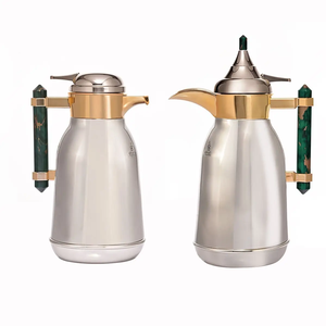 Saif Gallery Shahd stainless steel thermos set, 1+1 litre, green marble handle, two pieces - silver product image