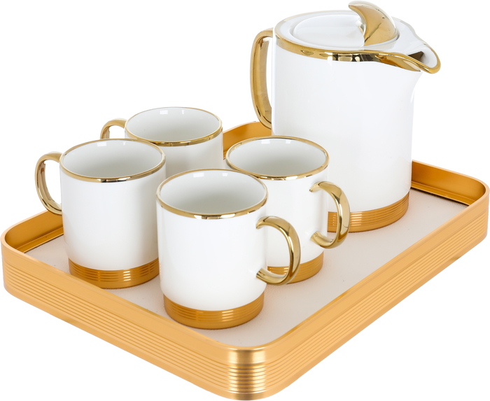 Al Saif Gallery Empire Porcelain Tea Serving Set, 250 ml/1 liter, Jug, 4 Cups, Tofaria - Golden White product image 1