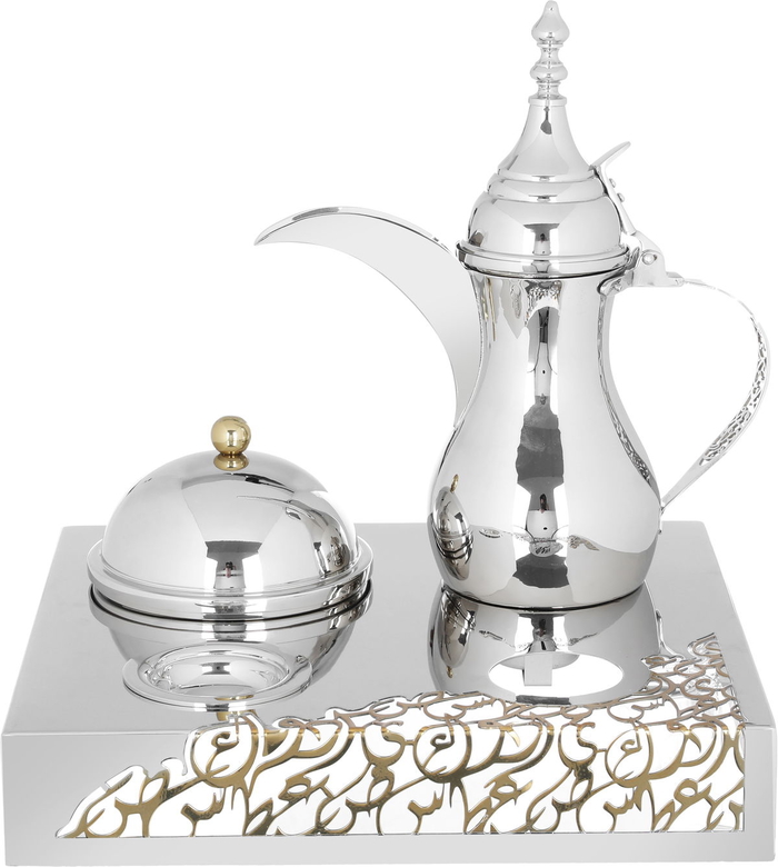 Steel hospitality set (dallah + dates + Noa plate) Al Saif Gallery, 4 pieces, base - silver product image 1