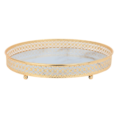 Al Saif Gallery steel serving tray with gold edges, 30 x 30 x 5.7 cm, round, marble - white product image 3