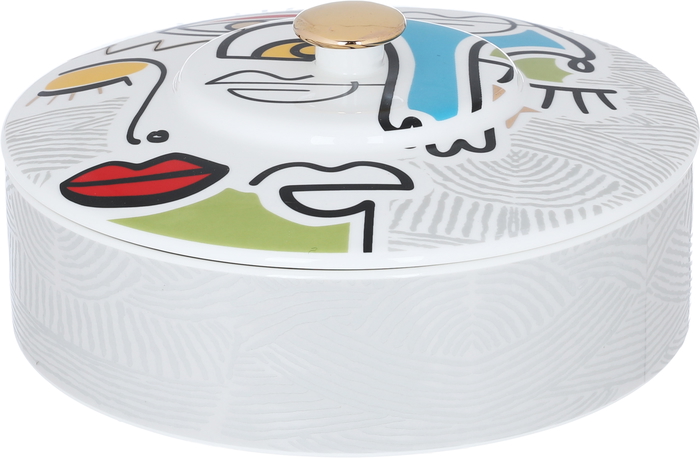 Al Saif Gallery Saheel Porcelain Serving Tray, 18 x 18 x 7.6 cm, Round with Lid, Medium, Gemini Pattern - White product image 1