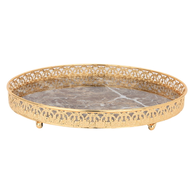 Al Saif Gallery steel serving tray with gold edges, 35 x 35 x 6 cm, round, marble - brown product image 3