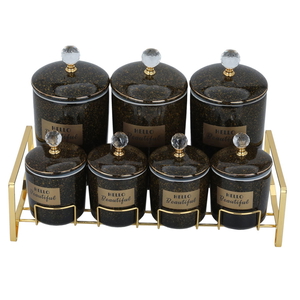 Al Saif Gallery porcelain spice boxes set, 7 pieces, gold stand - black and gold product image