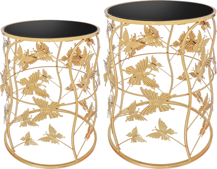 Alam Al Jawhara Steel Serving Table Set, 2 Pieces, Round, Butterfly Engraving - Gold product image 1