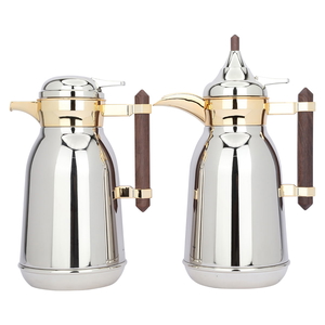 Saif Gallery Shahd steel thermos set, 1+1 liter, wooden handle, gilded, two pieces - silver product image