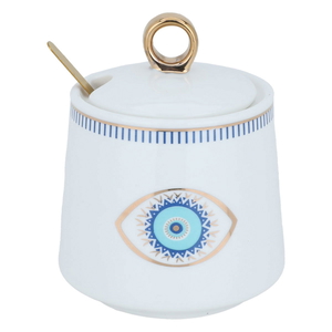 Al Saif Gallery porcelain sugar bowl, eye pattern, with spoon - white product image