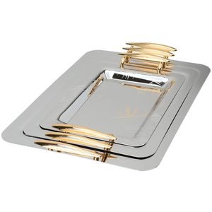 Al Saif Gallery steel tray set with a gold handle, 3 pieces, rectangular, engraved - silver product image